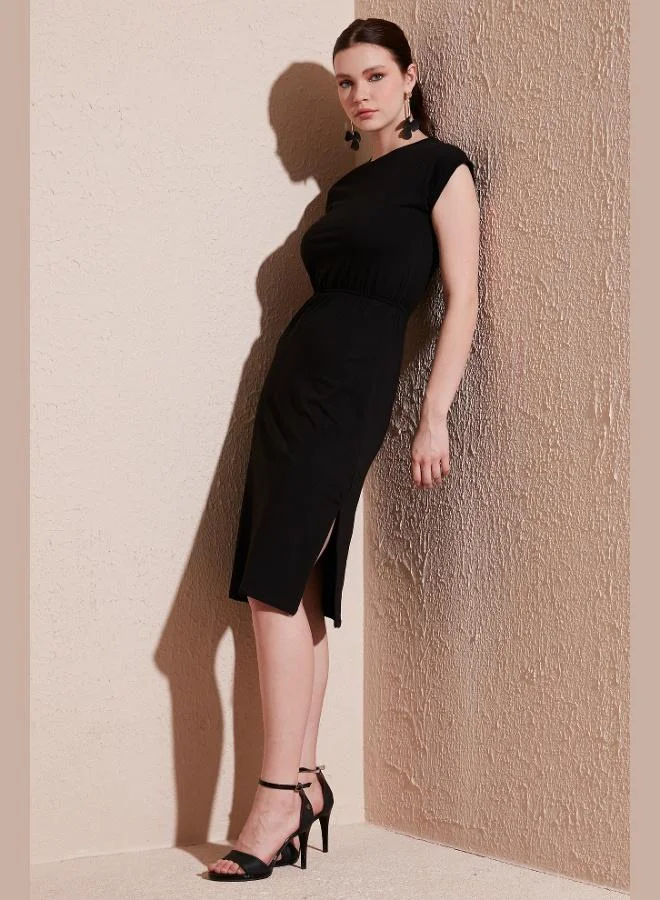 ليلا فستان ميدي قطن بأكمام قصيرة وفتحتين جانبية للنساء