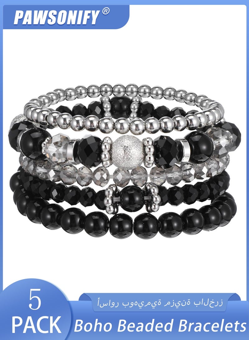 PAWSONIFY 5 Pcs Beaded Stretch Bracelets Stackable Bracelets Crystal Bead Bracelet Boho Beaded Bracelets Stretch Layering Crystal Stone Beaded Bracelets Trendy Costume - Image 1