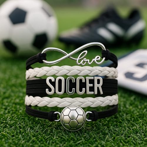Infinity Collection Soccer Bracelet and Hair Tie Set – Black and White Infinity Love Bracelet with Soccer Ball Charm and 6 Elastic Hair Accessories – Gift for Players, Teams, or Soccer Girls - Image 3