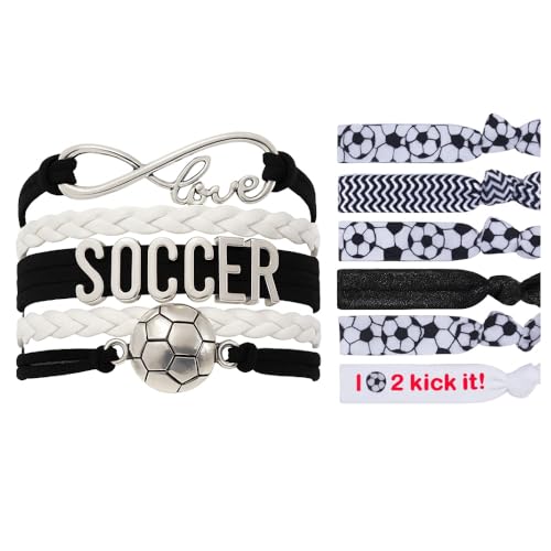 Infinity Collection Soccer Bracelet and Hair Tie Set – Black and White Infinity Love Bracelet with Soccer Ball Charm and 6 Elastic Hair Accessories – Gift for Players, Teams, or Soccer Girls - Image 1