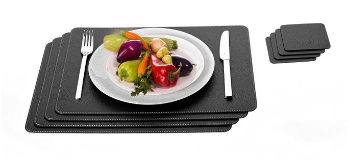 SET OF BLACK PLACEMATS AND COASTERS 4 TABLE MATS AND 4 COASTERS RECYCLED LEATHER PLACE MATS 18 X 13 AND COASTERS 39 X 39
