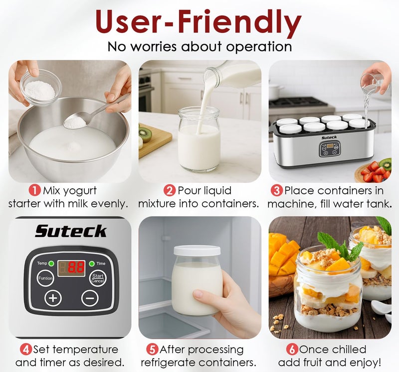 Suteck Yogurt Maker - Stainless Steel Yogurt Makers with Adjustable Time & Temp Controlï¼ŒAutomatic Shut-Off & Constant Temper for Homemade Greek, Probiotic Yogurt, BPA-Free 8 Glass Jars (48 oz), Black - Image 2