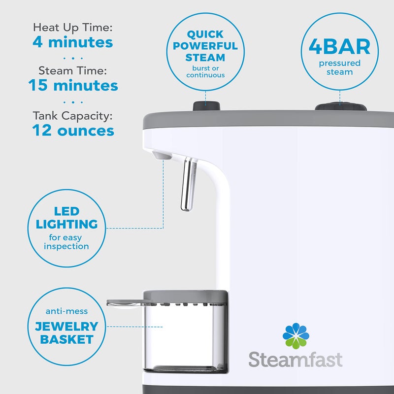 Steamfast منظف المجوهرات بالبخار Steamfast SF-1000 JULE، إضاءة LED، خالي من المواد الكيميائية، وقت تشغيل 15 دقيقة، أبيض - Image 5