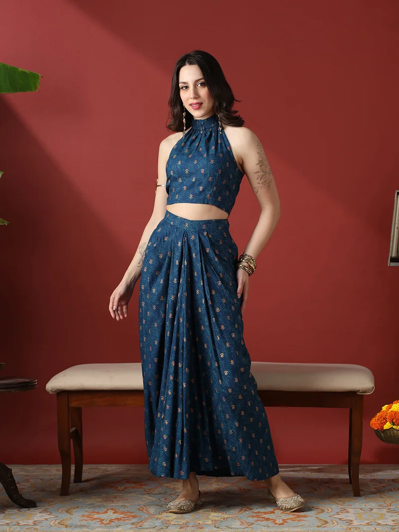 Globus Women Navy Blue Floral Print Smock Detail Halter Neck Crop Top With Pleated Maxi Skirt Fusion Co-Ord Set