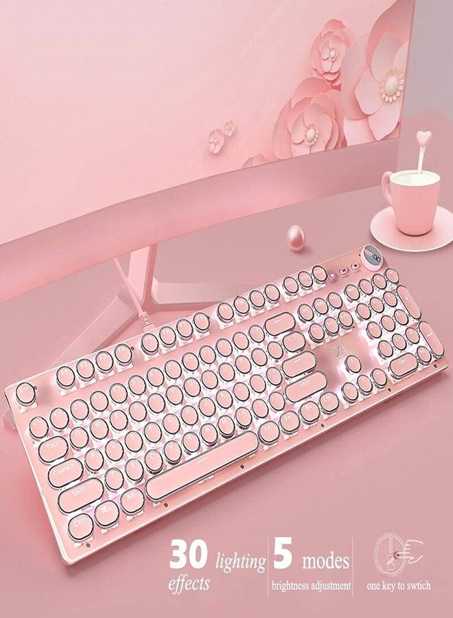 LexonElec Pink Typewriter Keyboard and Mouse,Retro Vintage Mechanical Gaming Keyboard with White LED Backlit,104 Keys Anti-Ghosting Blue Switch Wired Cute Keyboard,Round Keycaps for Desktop PC/Laptop Mac - Image 2