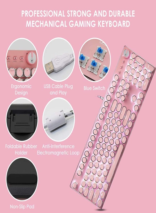 LexonElec Pink Typewriter Keyboard and Mouse,Retro Vintage Mechanical Gaming Keyboard with White LED Backlit,104 Keys Anti-Ghosting Blue Switch Wired Cute Keyboard,Round Keycaps for Desktop PC/Laptop Mac - Image 3
