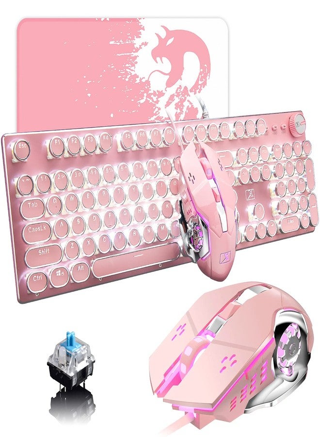 LexonElec Pink Typewriter Keyboard and Mouse,Retro Vintage Mechanical Gaming Keyboard with White LED Backlit,104 Keys Anti-Ghosting Blue Switch Wired Cute Keyboard,Round Keycaps for Desktop PC/Laptop Mac - Image 1