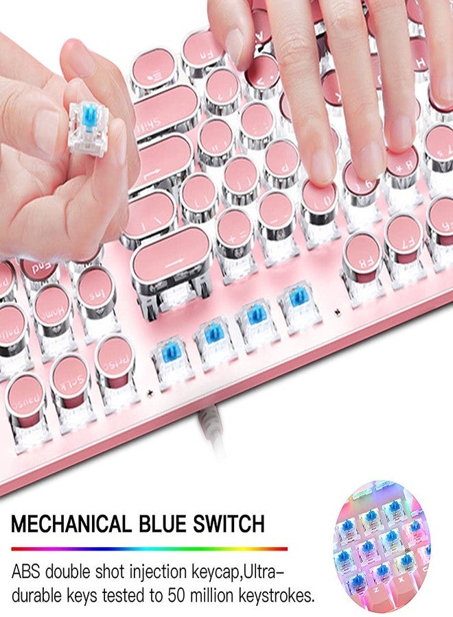 LexonElec Pink Typewriter Keyboard and Mouse,Retro Vintage Mechanical Gaming Keyboard with White LED Backlit,104 Keys Anti-Ghosting Blue Switch Wired Cute Keyboard,Round Keycaps for Desktop PC/Laptop Mac - Image 5
