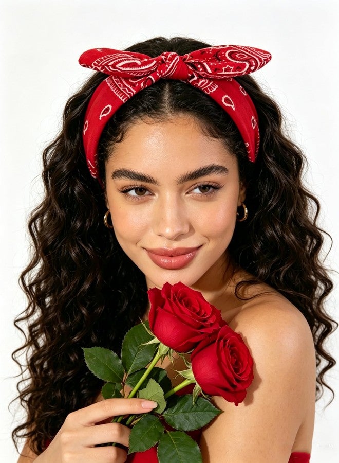 Lvyeer Bandana Headband for Women Paisley Knotted Bow Headband Rabbit ear Hairband Cute Knot Hair Accessories (Style 5: (White, red, blue, black)) - Image 2