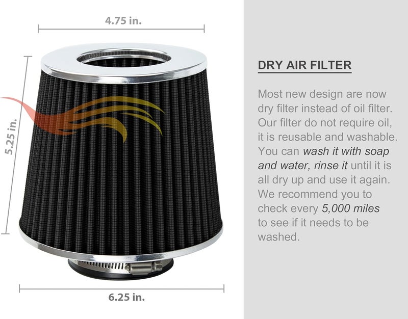Rtunes Racing BLACK 6" 152 mm Inlet Short Truck Cold Air Intake Cone Replacement Performance Washable Clamp-On Dry Air Filter (6" Tall) - Image 5