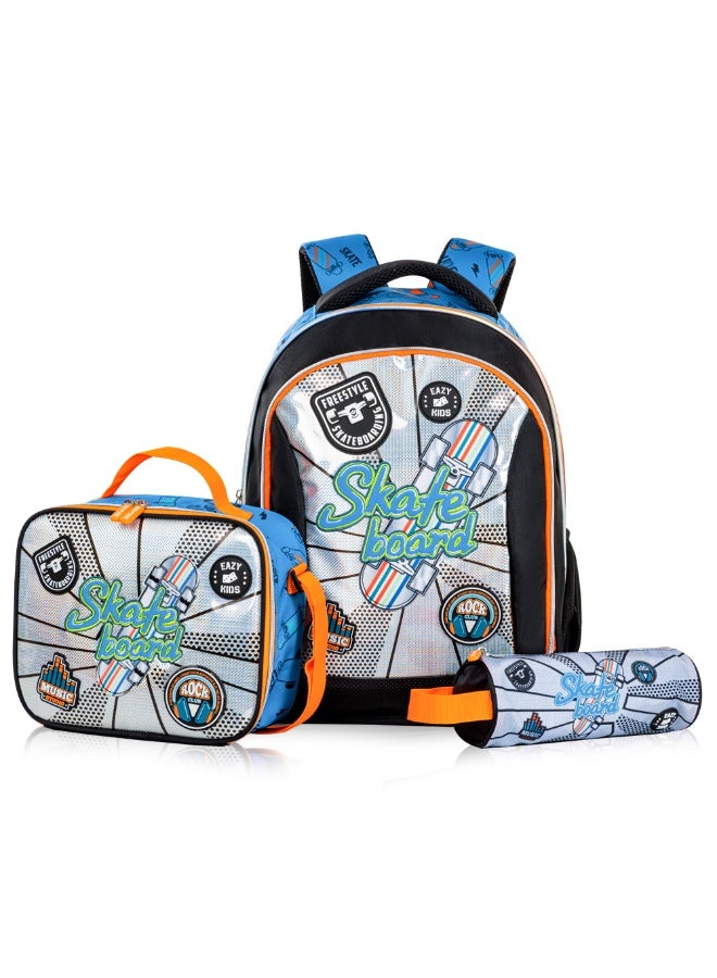 Eazy Kids Eazy Kids 17" Set of 5 Backpack w/ Water Bottle, Lunch Box, Lunch Bag and Pencil Case - Skate Board  - Image 2