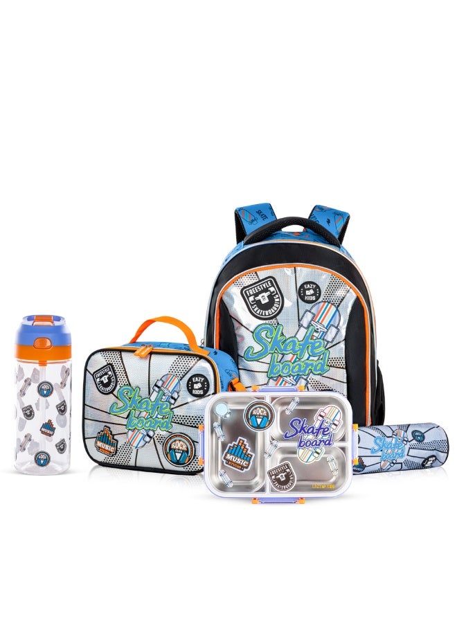 Eazy Kids Eazy Kids 17" Set of 5 Backpack w/ Water Bottle, Lunch Box, Lunch Bag and Pencil Case - Skate Board  - Image 1