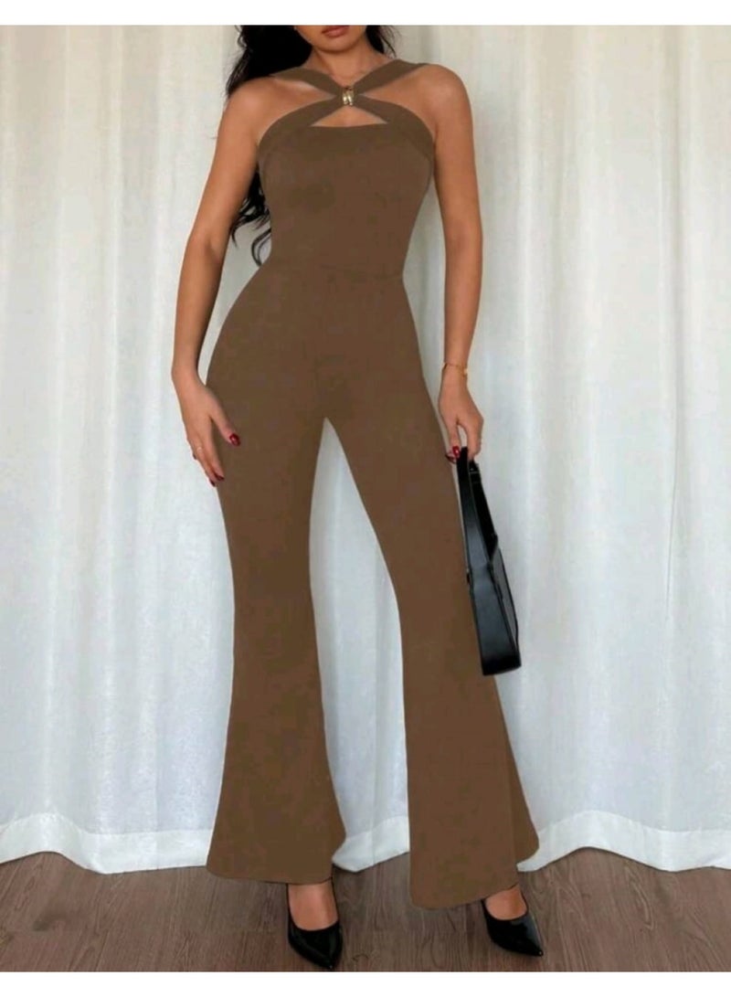 SHEIN Plunging Neckline Metal Buckle Decor Bodycon Jumpsuit - Image 1