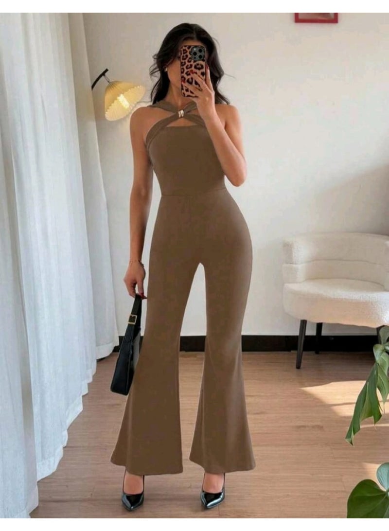 SHEIN Plunging Neckline Metal Buckle Decor Bodycon Jumpsuit - Image 2