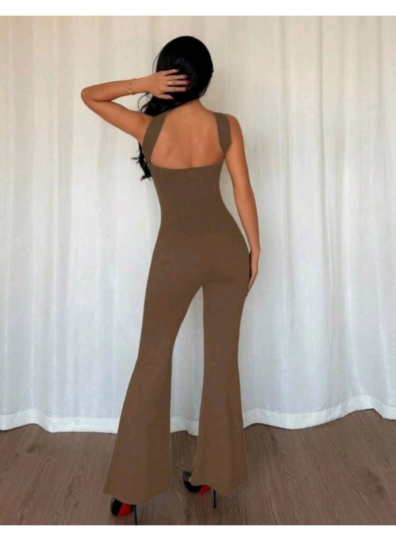 SHEIN Plunging Neckline Metal Buckle Decor Bodycon Jumpsuit - Image 3