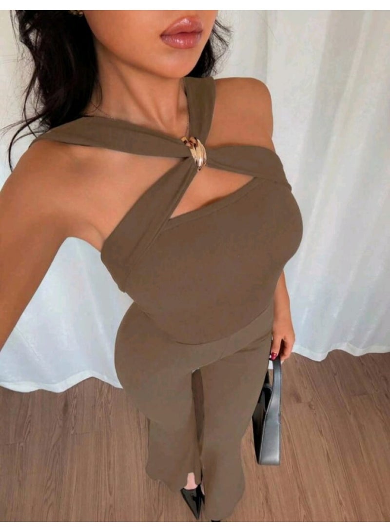 SHEIN Plunging Neckline Metal Buckle Decor Bodycon Jumpsuit - Image 5
