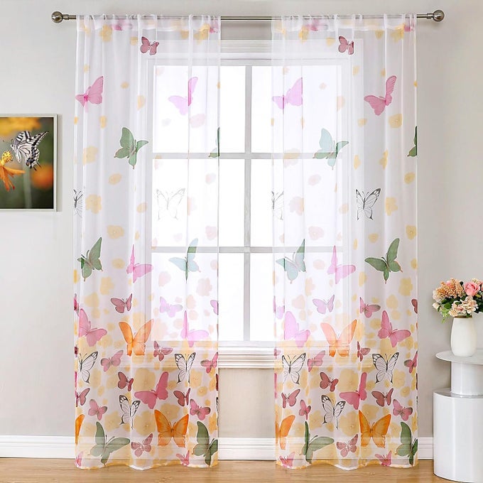 COLORFUL BUTTERFLY PATTERNED SHEER CURTAINS FOR KIDS ROOM 2 PANELS 106 INCHES LONG FLORAL PRINTED FARMHOUSE COUNTRY VOILE CURTAIN ROD POCKET PRETTY CUTE HOME DECOR DRAPES