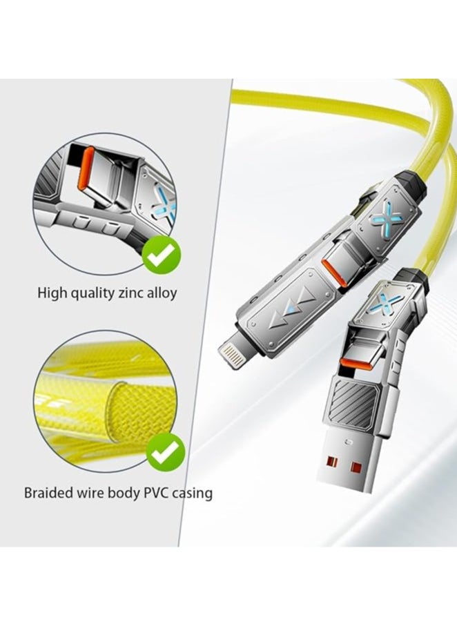 4-in-1 USB-C Cable, 240W PD 5A Fast Charging Cable u0026 Data Sync, 5FT Colorful Breath Light Silicone Charger Cord with Type C/USB A for Laptop iPhone iPad MacBook ect (Yellow)