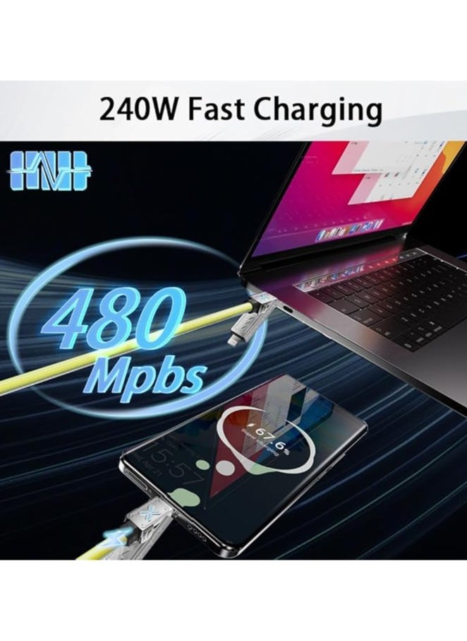 4-in-1 USB-C Cable, 240W PD 5A Fast Charging Cable u0026 Data Sync, 5FT Colorful Breath Light Silicone Charger Cord with Type C/USB A for Laptop iPhone iPad MacBook ect (Yellow)