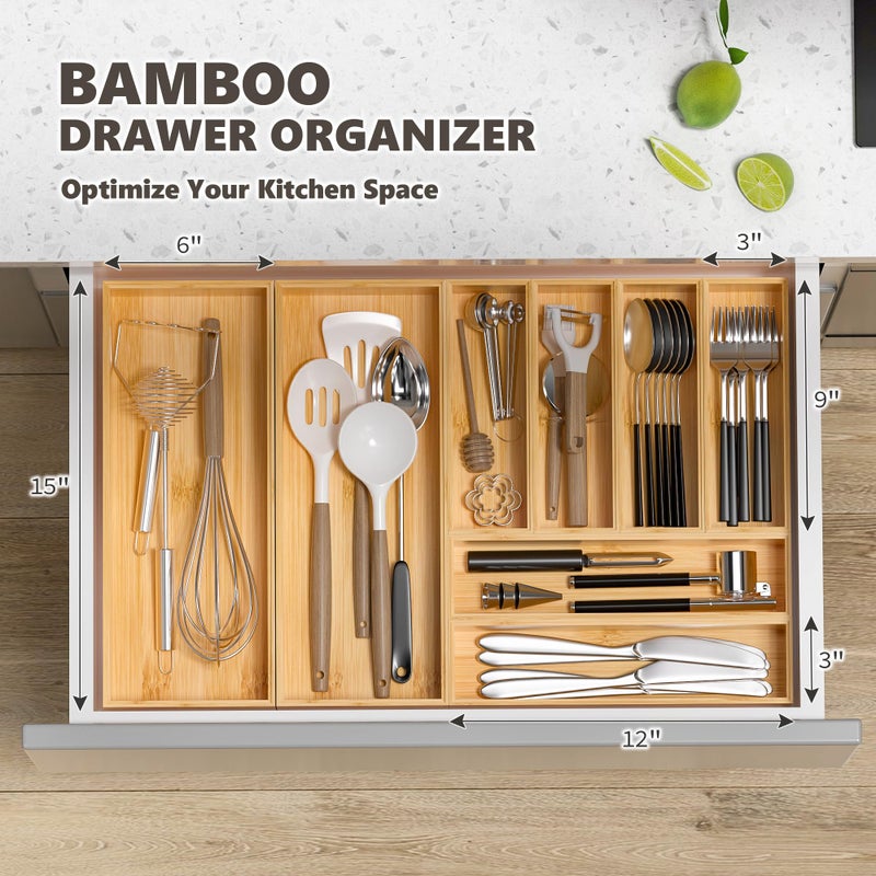 Greatseas Kitchen Drawer Organizer Bins, Stackable Bamboo Deep Drawer Organizer for Silverware, Utensils, Cutlery, Flatware, Junk Drawer, Dresser, Bathroom, 15" x 6" x 2.5" (Set of 2) - Image 3