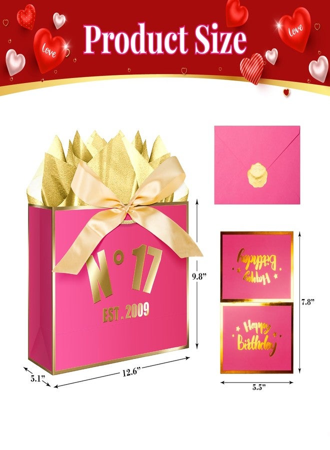 XiaosRen 17th Hot Pink Birthday Gift Bag with Card, Tissue Paper and Ribbon for Women Girls Birthday Party Favor, Presents Wrapping (12.6" EST 2009) - Image 2