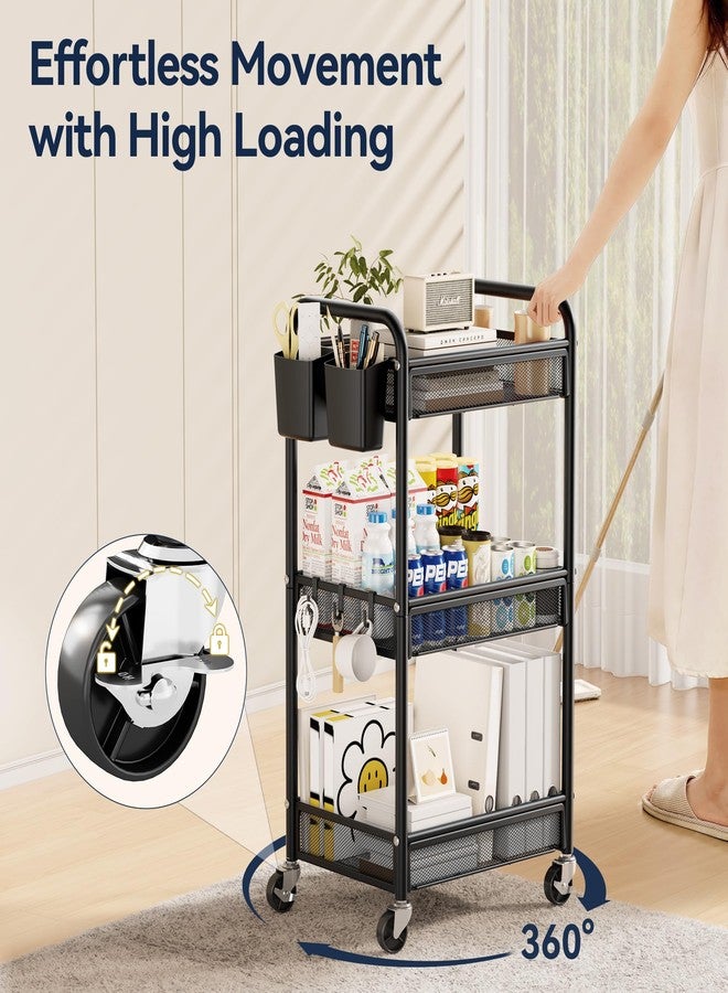 YASONIC 3 Tier Rolling Cart - Metal Utility Storage Carts with Wheels, Craft Cart Organizer with Hanging Cups, Hooks, Mesh Basket for Bedside Kitchen Office Art, Black - Image 5