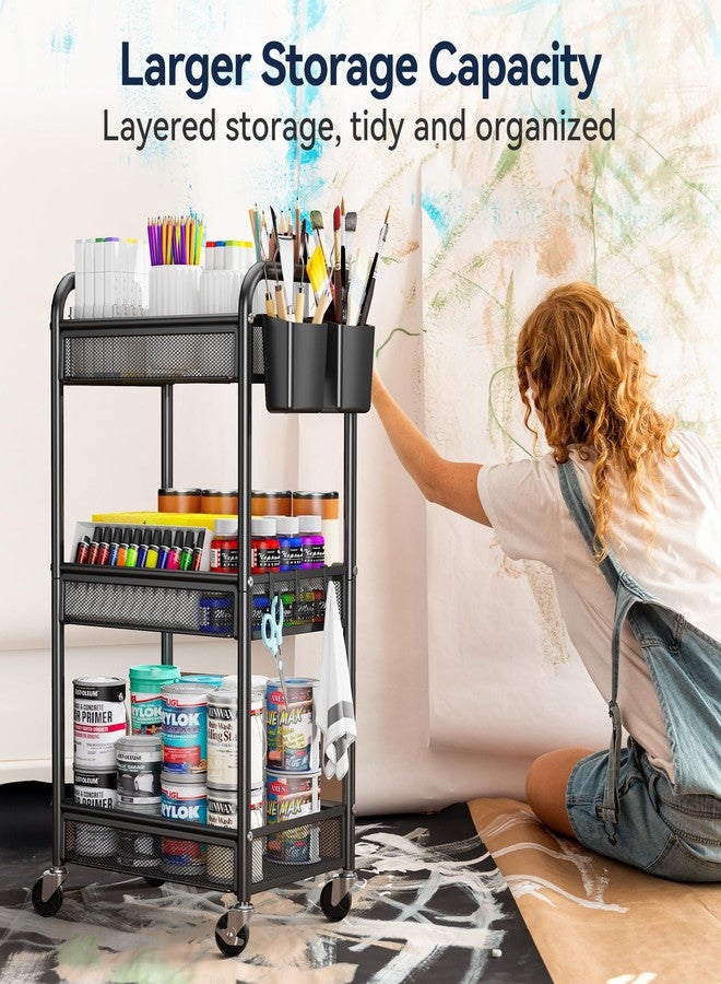 YASONIC 3 Tier Rolling Cart - Metal Utility Storage Carts with Wheels, Craft Cart Organizer with Hanging Cups, Hooks, Mesh Basket for Bedside Kitchen Office Art, Black - Image 2