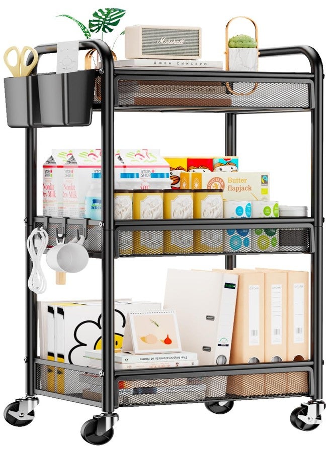 YASONIC 3 Tier Rolling Cart - Metal Utility Storage Carts with Wheels, Craft Cart Organizer with Hanging Cups, Hooks, Mesh Basket for Bedside Kitchen Office Art, Black - Image 1
