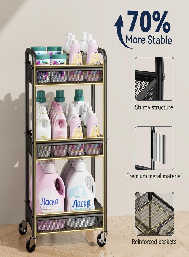 YASONIC 3 Tier Rolling Cart - Metal Utility Storage Carts with Wheels, Craft Cart Organizer with Hanging Cups, Hooks, Mesh Basket for Bedside Kitchen Office Art, Black - Image 4