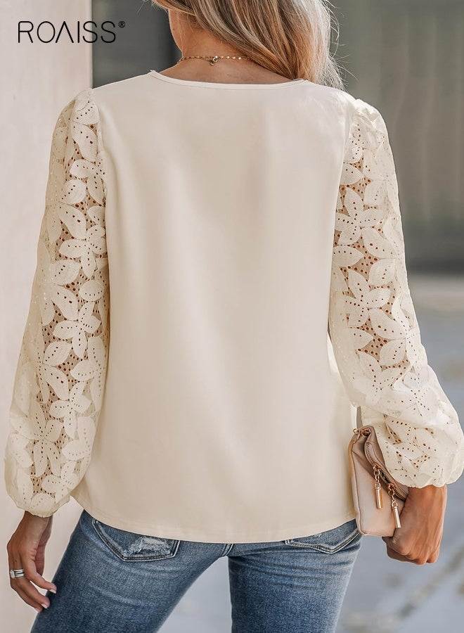 رويس بلوزة نسائية أنيقة من الدانتيل بأكمام طويلة وفتحة رقبة على شكل حرف V وقمصان أنيقة للحفلات مزينة بالزهور ورقبة على شكل حرف V وقميص منتجع عصري مموج - Image 2