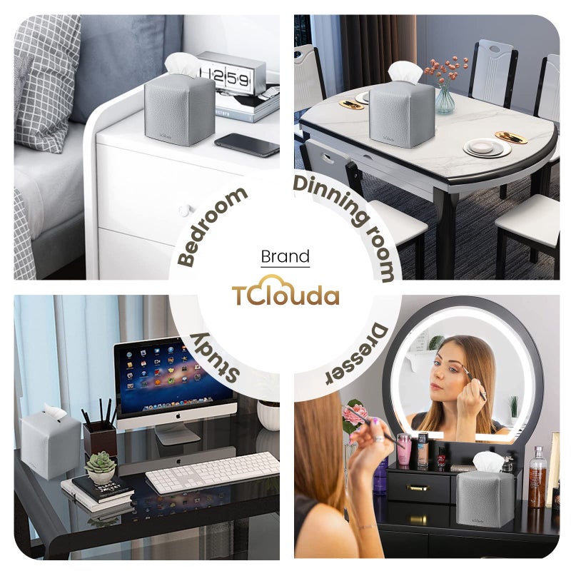 Tclouda Tissue Box Cover, Tclouda, Modern PU Leather Square Tissue Box Holder for Creative Decorative, Ideal for Bathrooms/Office/Car/Nightstand/Outdoor Tent/Dining Table, 5"X5"X5", Single Gray - Image 4