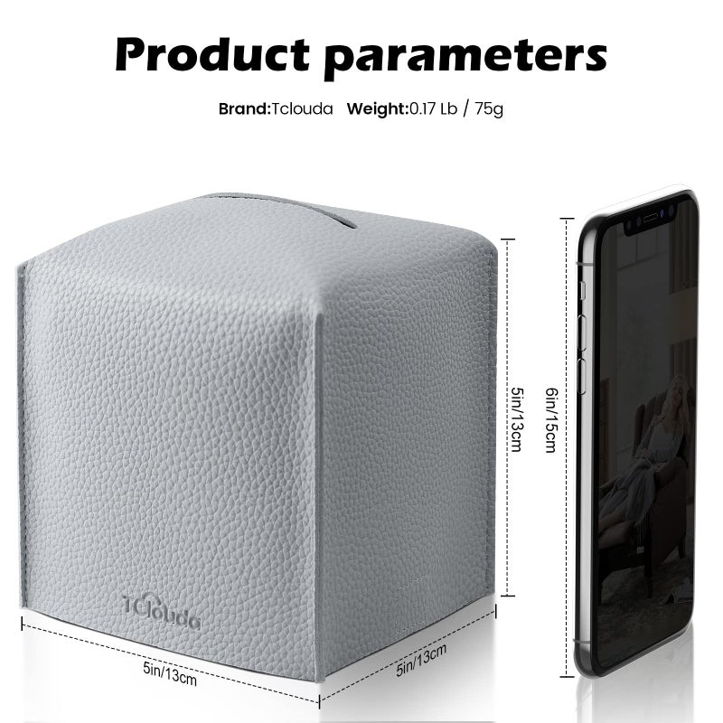 Tclouda Tissue Box Cover, Tclouda, Modern PU Leather Square Tissue Box Holder for Creative Decorative, Ideal for Bathrooms/Office/Car/Nightstand/Outdoor Tent/Dining Table, 5"X5"X5", Single Gray - Image 2