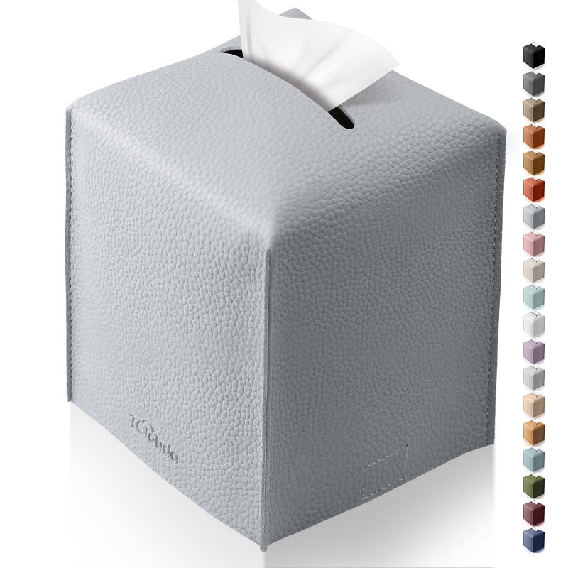 Tclouda Tissue Box Cover, Tclouda, Modern PU Leather Square Tissue Box Holder for Creative Decorative, Ideal for Bathrooms/Office/Car/Nightstand/Outdoor Tent/Dining Table, 5"X5"X5", Single Gray - Image 1