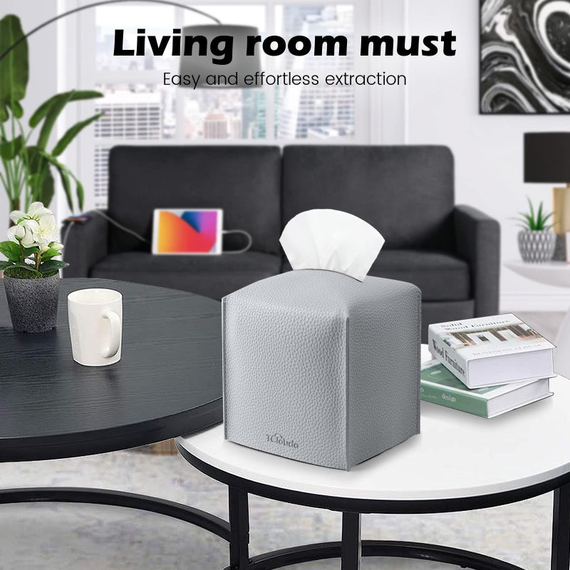 Tclouda Tissue Box Cover, Tclouda, Modern PU Leather Square Tissue Box Holder for Creative Decorative, Ideal for Bathrooms/Office/Car/Nightstand/Outdoor Tent/Dining Table, 5"X5"X5", Single Gray - Image 3
