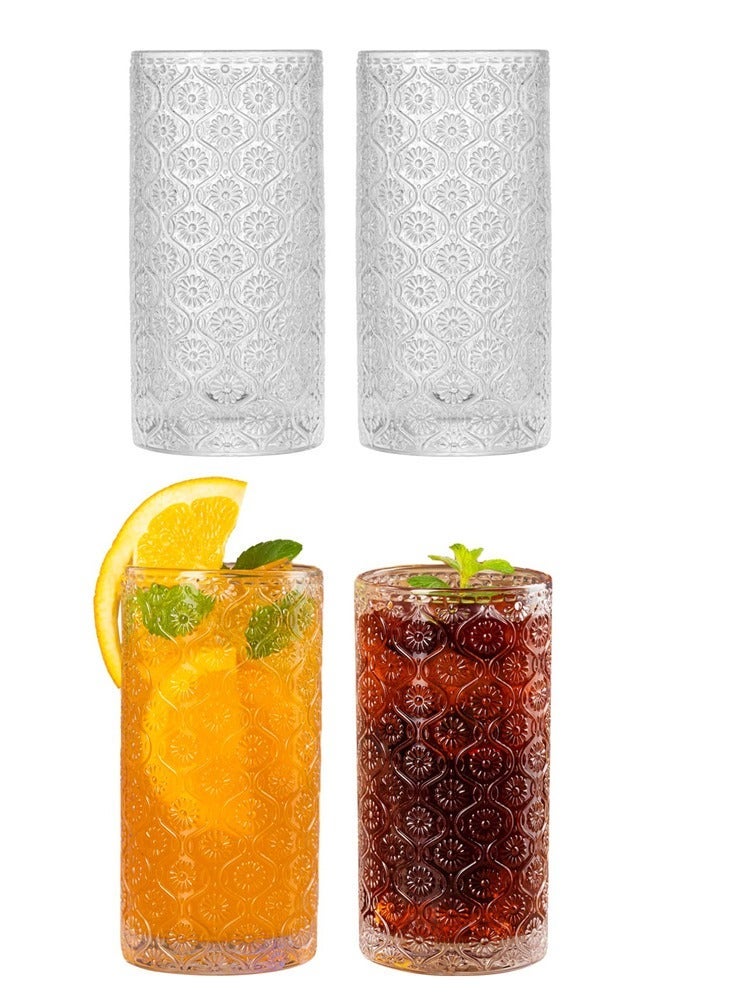 Vintage Glassware Highball Drinking Glasses, 4 Pcs 14 oz Cocktail Glasses, Crystal Tumblers, Clear Embossed Glass Cups, Floral Glass Cups Embossed Juice Water Coffee Cups, Iced Beverage Glass  - Image 1