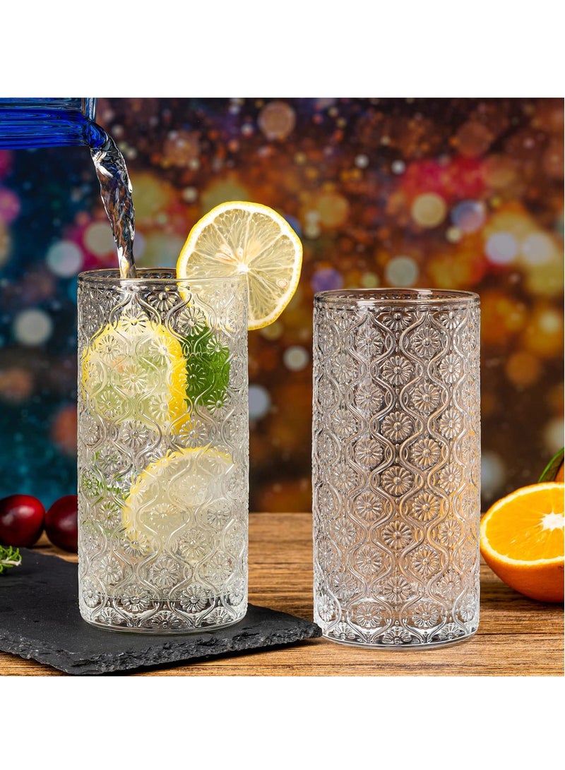 Vintage Glassware Highball Drinking Glasses, 4 Pcs 14 oz Cocktail Glasses, Crystal Tumblers, Clear Embossed Glass Cups, Floral Glass Cups Embossed Juice Water Coffee Cups, Iced Beverage Glass  - Image 2