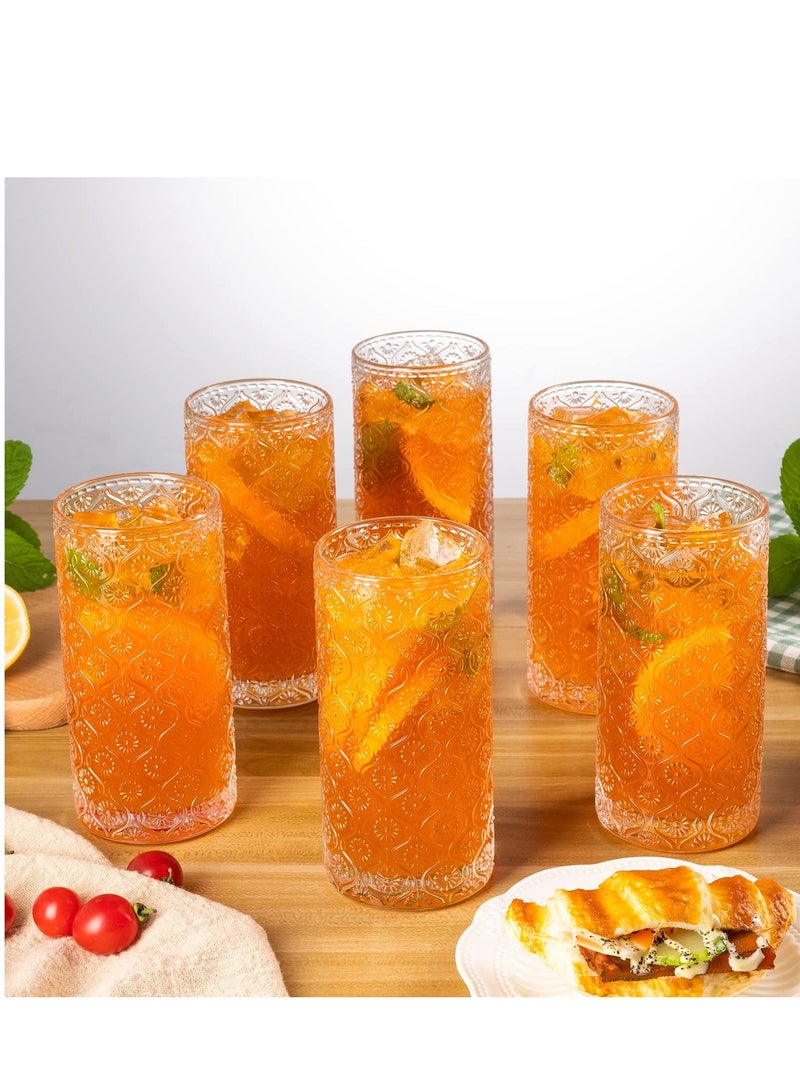 Vintage Glassware Highball Drinking Glasses, 4 Pcs 14 oz Cocktail Glasses, Crystal Tumblers, Clear Embossed Glass Cups, Floral Glass Cups Embossed Juice Water Coffee Cups, Iced Beverage Glass  - Image 5
