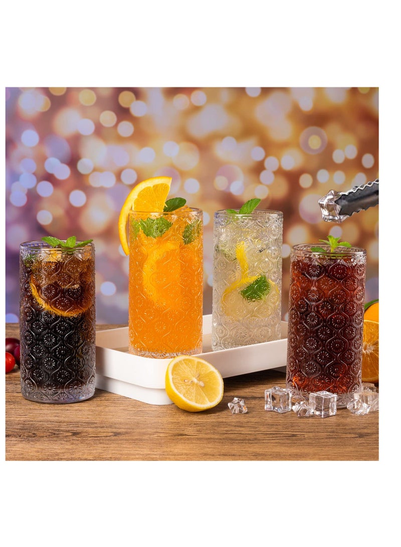 Vintage Glassware Highball Drinking Glasses, 4 Pcs 14 oz Cocktail Glasses, Crystal Tumblers, Clear Embossed Glass Cups, Floral Glass Cups Embossed Juice Water Coffee Cups, Iced Beverage Glass  - Image 3