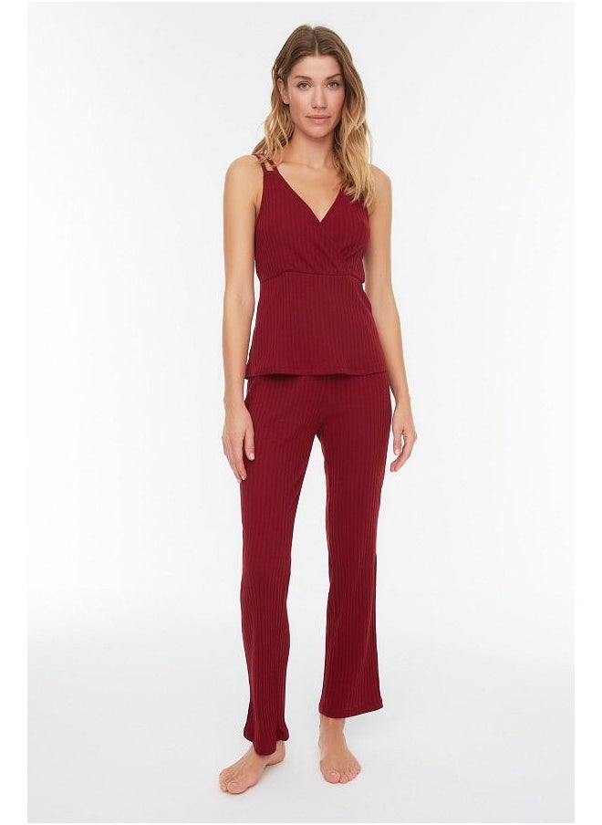 trendyol Claret Red Ribbed Rope Strap Knitted Pajama Set  - Image 3