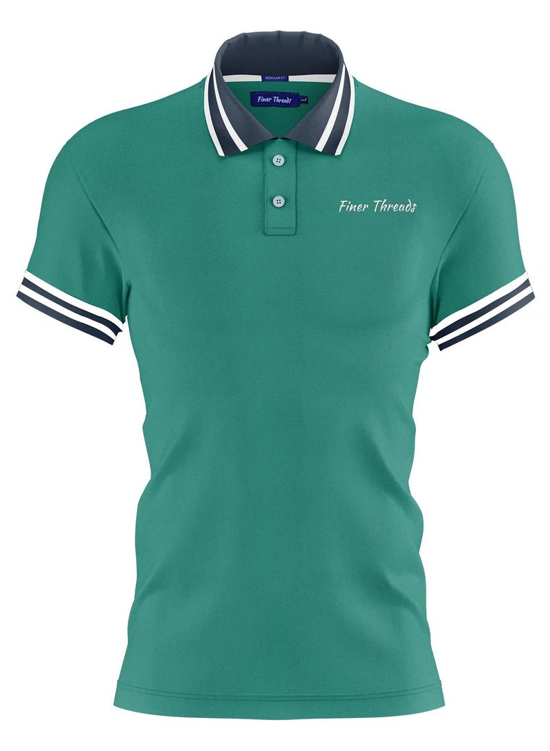 Finer Threads Green Men's Polo Shirt with Contrast Collar and Thin Stripes-Regular Fit - Image 1