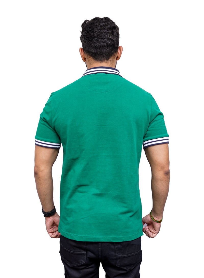 Finer Threads Green Men's Polo Shirt with Contrast Collar and Thin Stripes-Regular Fit - Image 4