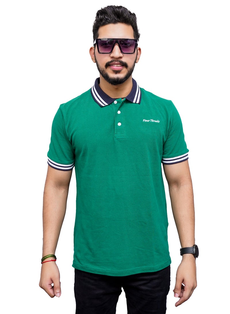 Finer Threads Green Men's Polo Shirt with Contrast Collar and Thin Stripes-Regular Fit - Image 3