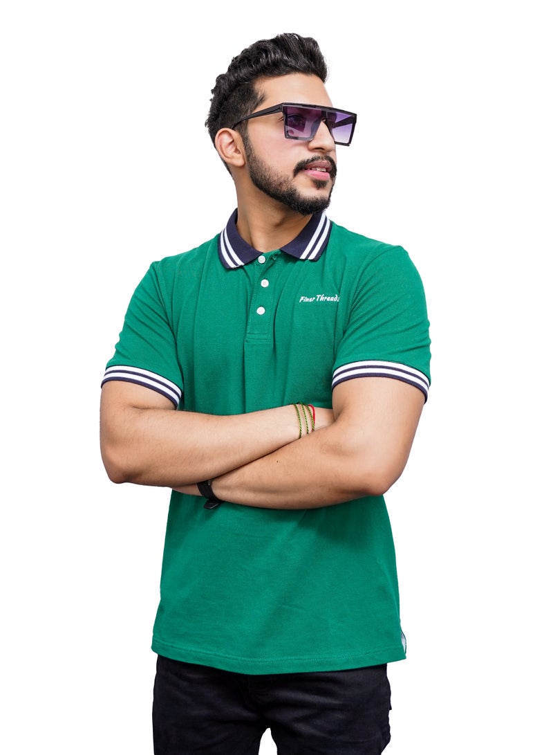 Finer Threads Green Men's Polo Shirt with Contrast Collar and Thin Stripes-Regular Fit - Image 2