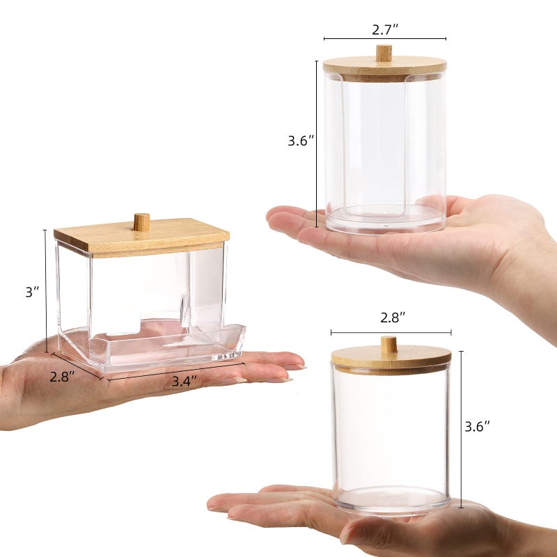 Tbestmax Bathroom Organizer Accessories Set-10 OZ,7 OZ Qtips Holder Storage with Brown Wood Lids, Cotton Ball/Swabs Dispenser, Apothecary Container Jar 3 Pcs - Image 2
