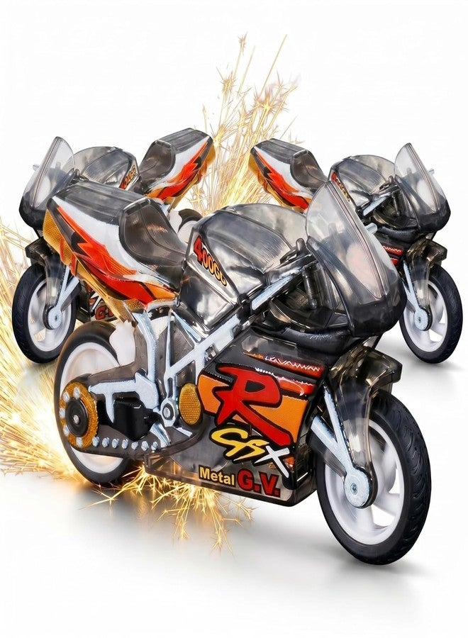 Zelvo Sparkling Stunt Bike Toy for Kids with Keychain, Pull Back Friction Powered Mini Motorcycle with Spark Lighting Effect (Multicolor, Pack of 3) - Image 1