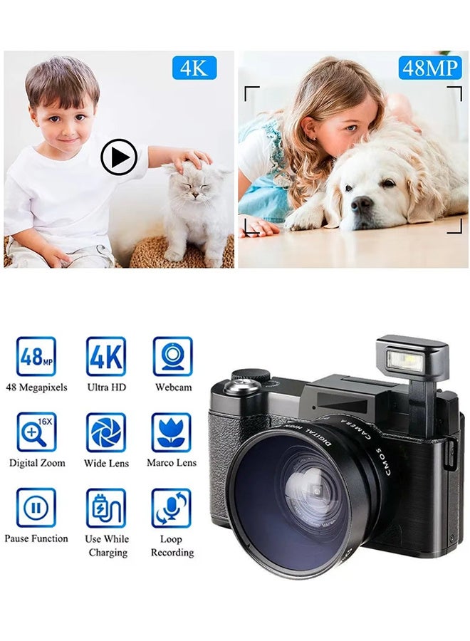 Generic 4K Digital Camera for Photography, 48MP 180° Flip Screen 3" Autofocus Vlogging Camera for YouTube, 16X Zoom Compact Point and Shoot Cameras for Beginner with 128GB Card, 2 Batteries  - Image 2