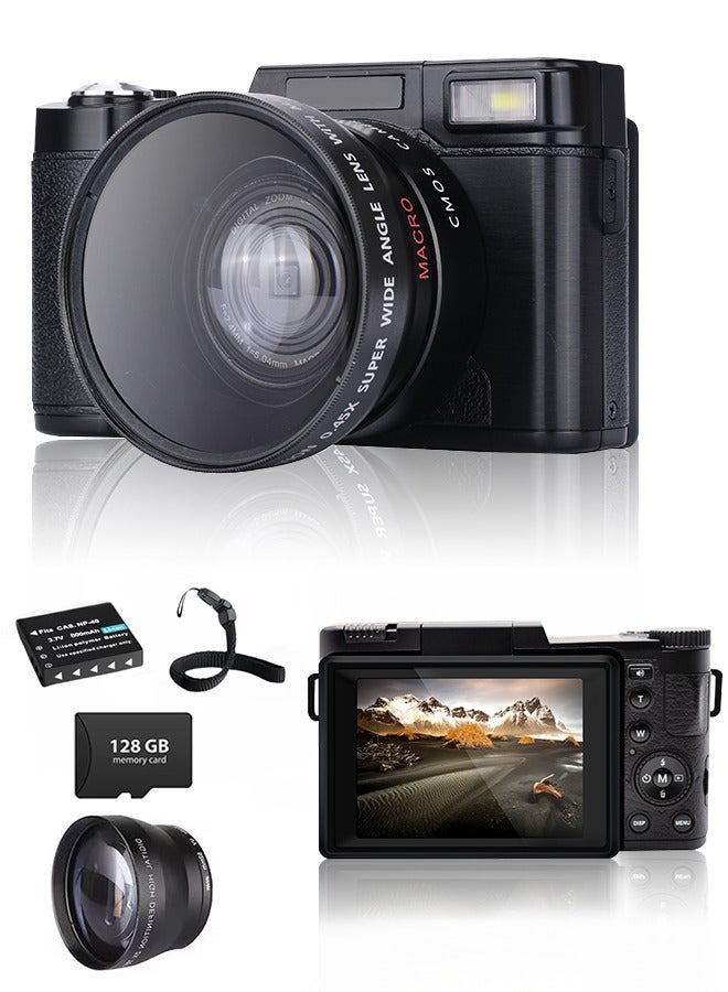 Generic 4K Digital Camera for Photography, 48MP 180° Flip Screen 3" Autofocus Vlogging Camera for YouTube, 16X Zoom Compact Point and Shoot Cameras for Beginner with 128GB Card, 2 Batteries  - Image 1