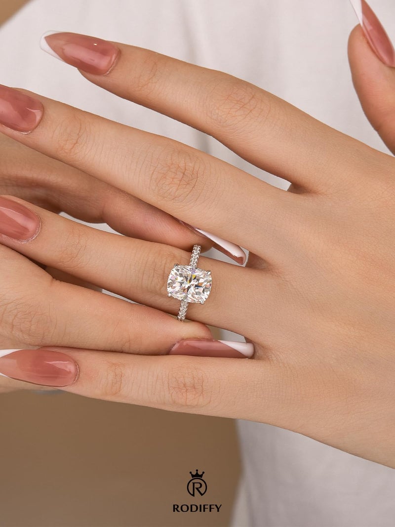 RODIFFY 3.5 Carat Cushion Cut Moissanite Engagement Rings for Women, S925 Silver D Color VVS1 Lab Created Moissanite Promise Ring (Silver, 6) - Image 5