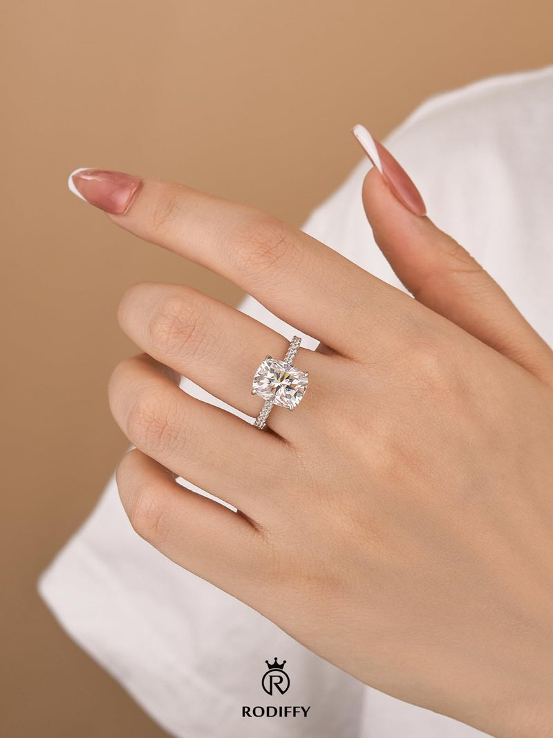 RODIFFY 3.5 Carat Cushion Cut Moissanite Engagement Rings for Women, S925 Silver D Color VVS1 Lab Created Moissanite Promise Ring (Silver, 6) - Image 4