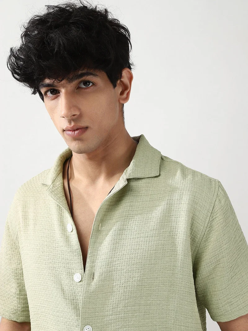 Urbano Fashion  Urbano Fashion Men's Pastel Olive Cotton Half Sleeve Oversized Fit Textured Shirt with Cuban Collar  | Best Price UAE